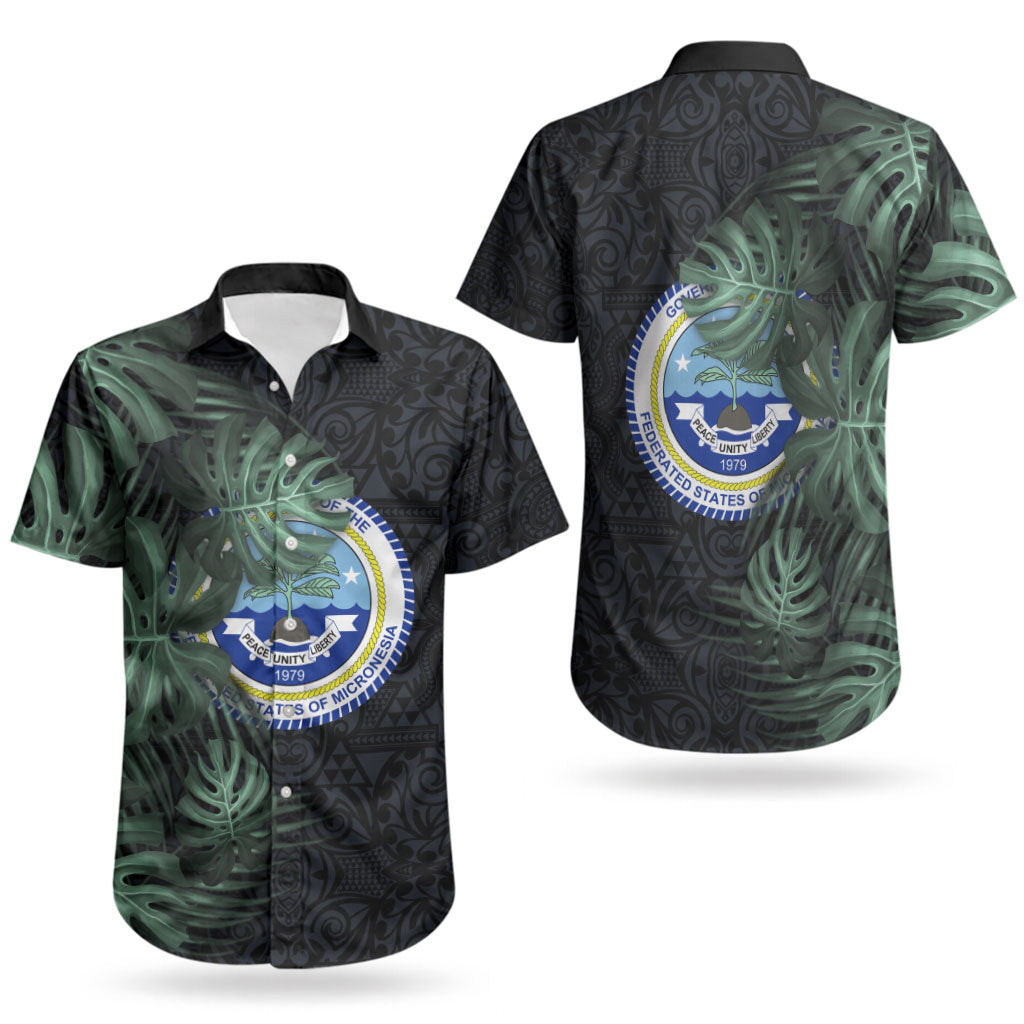 Federated States Of Micronesia Couples Matching Off Shoulder Maxi Dress and Hawaiian Shirt FSM Tropical Monstera Leaf Dark Tribal Pattern