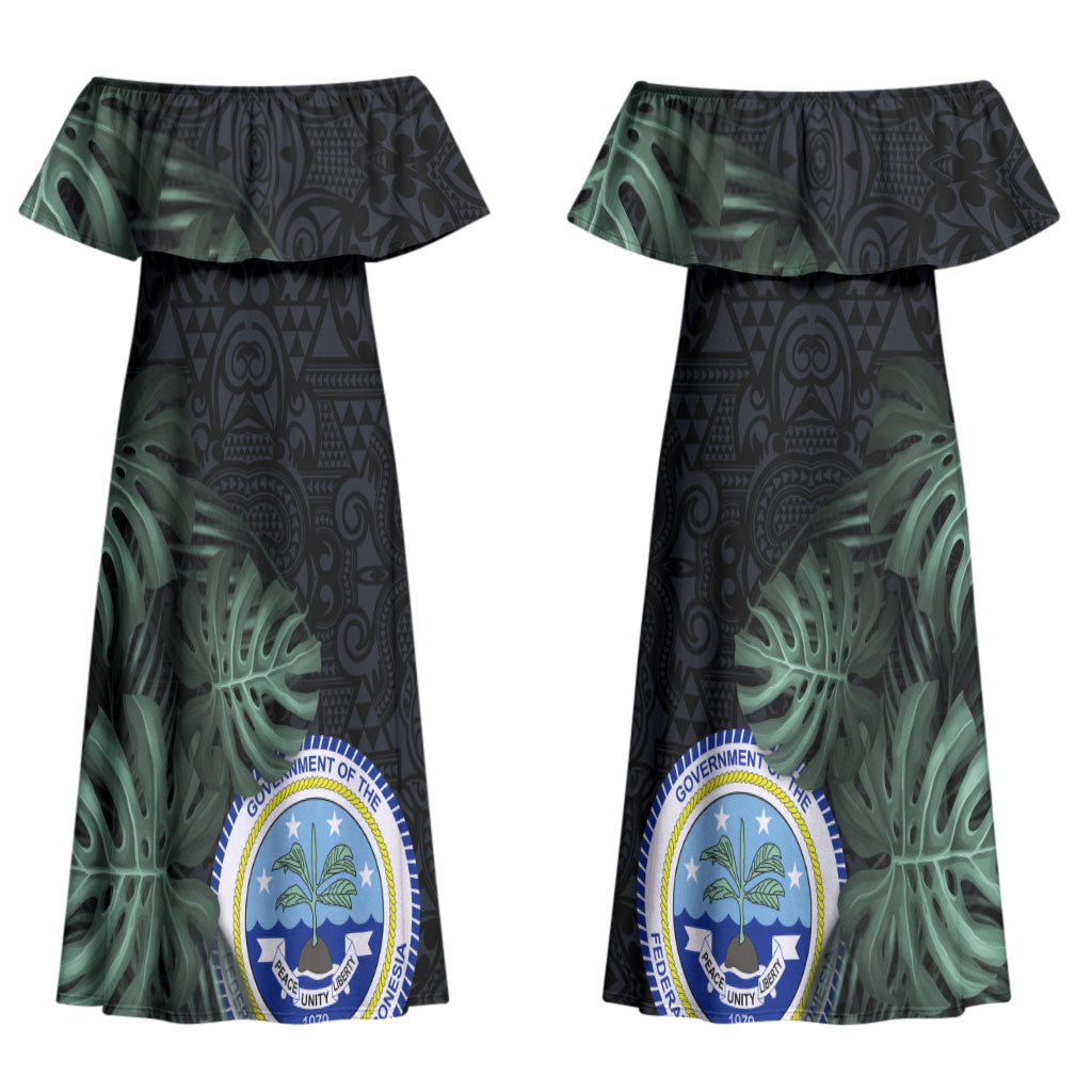 Federated States Of Micronesia Couples Matching Off Shoulder Maxi Dress and Hawaiian Shirt FSM Tropical Monstera Leaf Dark Tribal Pattern
