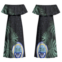 Federated States Of Micronesia Couples Matching Off Shoulder Maxi Dress and Long Sleeve Button Shirt FSM Tropical Monstera Leaf Dark Tribal Pattern