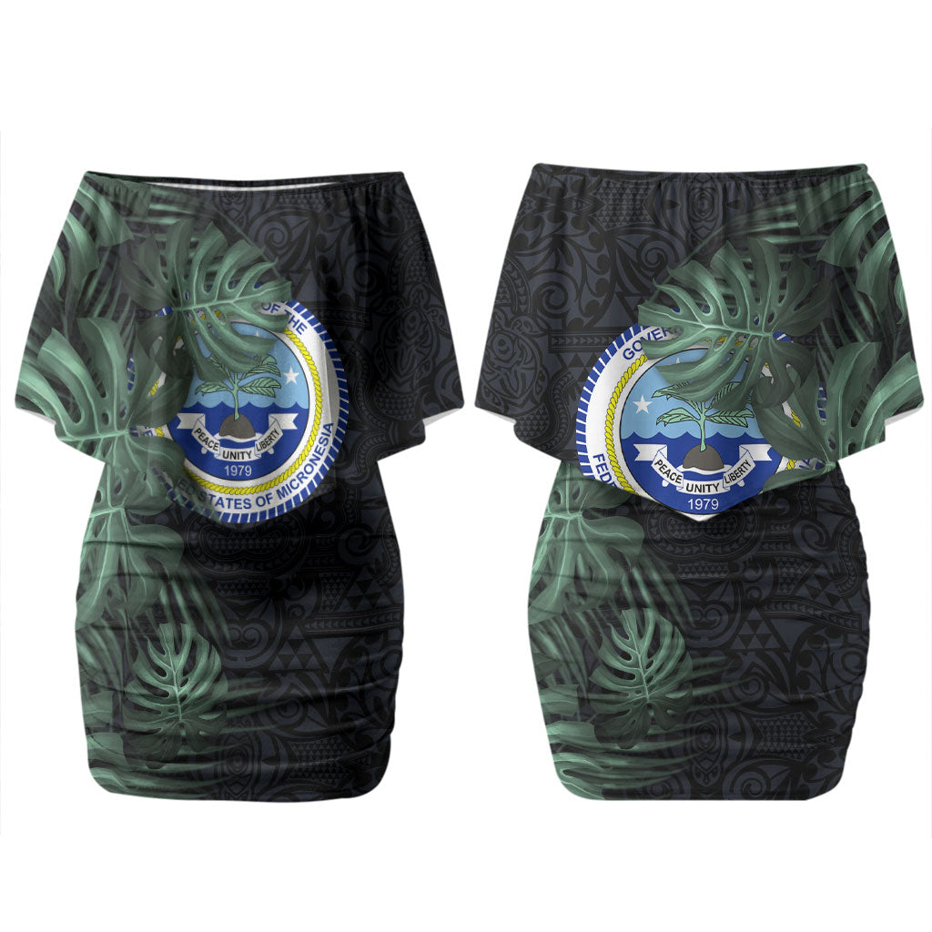 Federated States Of Micronesia Couples Matching Off Shoulder Short Dress and Hawaiian Shirt FSM Tropical Monstera Leaf Dark Tribal Pattern