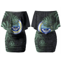 Federated States Of Micronesia Couples Matching Off Shoulder Short Dress and Hawaiian Shirt FSM Tropical Monstera Leaf Dark Tribal Pattern
