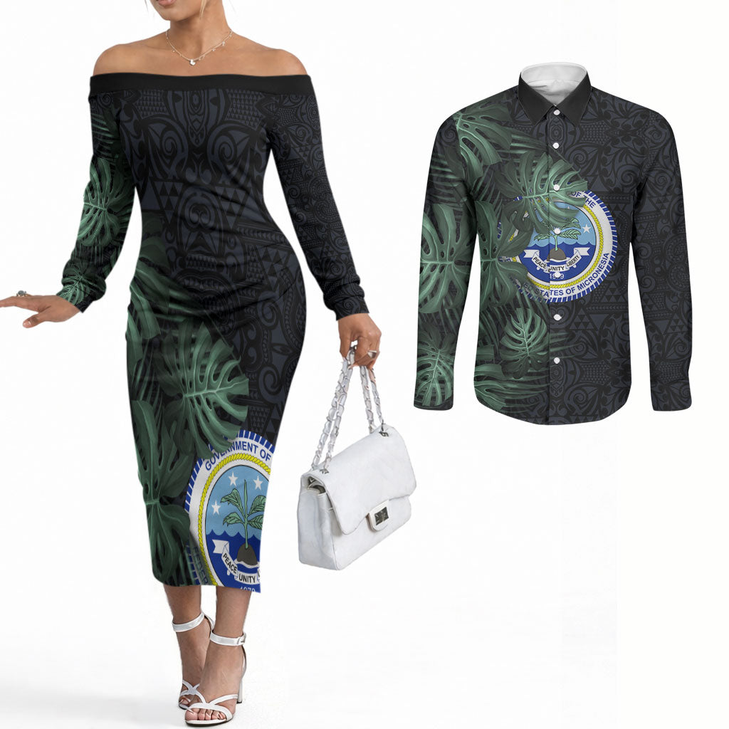 Federated States Of Micronesia Couples Matching Off The Shoulder Long Sleeve Dress and Long Sleeve Button Shirt FSM Tropical Monstera Leaf Dark Tribal Pattern