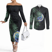 Federated States Of Micronesia Couples Matching Off The Shoulder Long Sleeve Dress and Long Sleeve Button Shirt FSM Tropical Monstera Leaf Dark Tribal Pattern