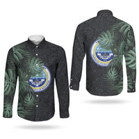 Federated States Of Micronesia Couples Matching Off The Shoulder Long Sleeve Dress and Long Sleeve Button Shirt FSM Tropical Monstera Leaf Dark Tribal Pattern