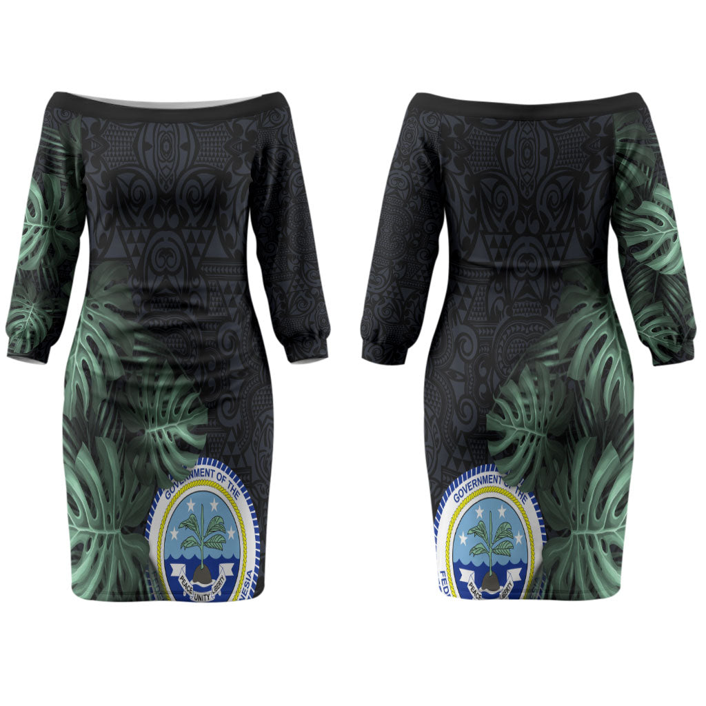 Federated States Of Micronesia Couples Matching Off The Shoulder Long Sleeve Dress and Long Sleeve Button Shirt FSM Tropical Monstera Leaf Dark Tribal Pattern