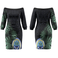 Federated States Of Micronesia Couples Matching Off The Shoulder Long Sleeve Dress and Long Sleeve Button Shirt FSM Tropical Monstera Leaf Dark Tribal Pattern
