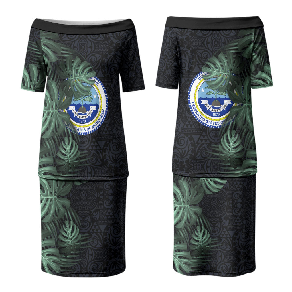 Federated States Of Micronesia Couples Matching Puletasi and Hawaiian Shirt FSM Tropical Monstera Leaf Dark Tribal Pattern