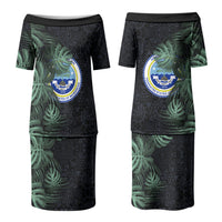 Federated States Of Micronesia Couples Matching Puletasi and Hawaiian Shirt FSM Tropical Monstera Leaf Dark Tribal Pattern
