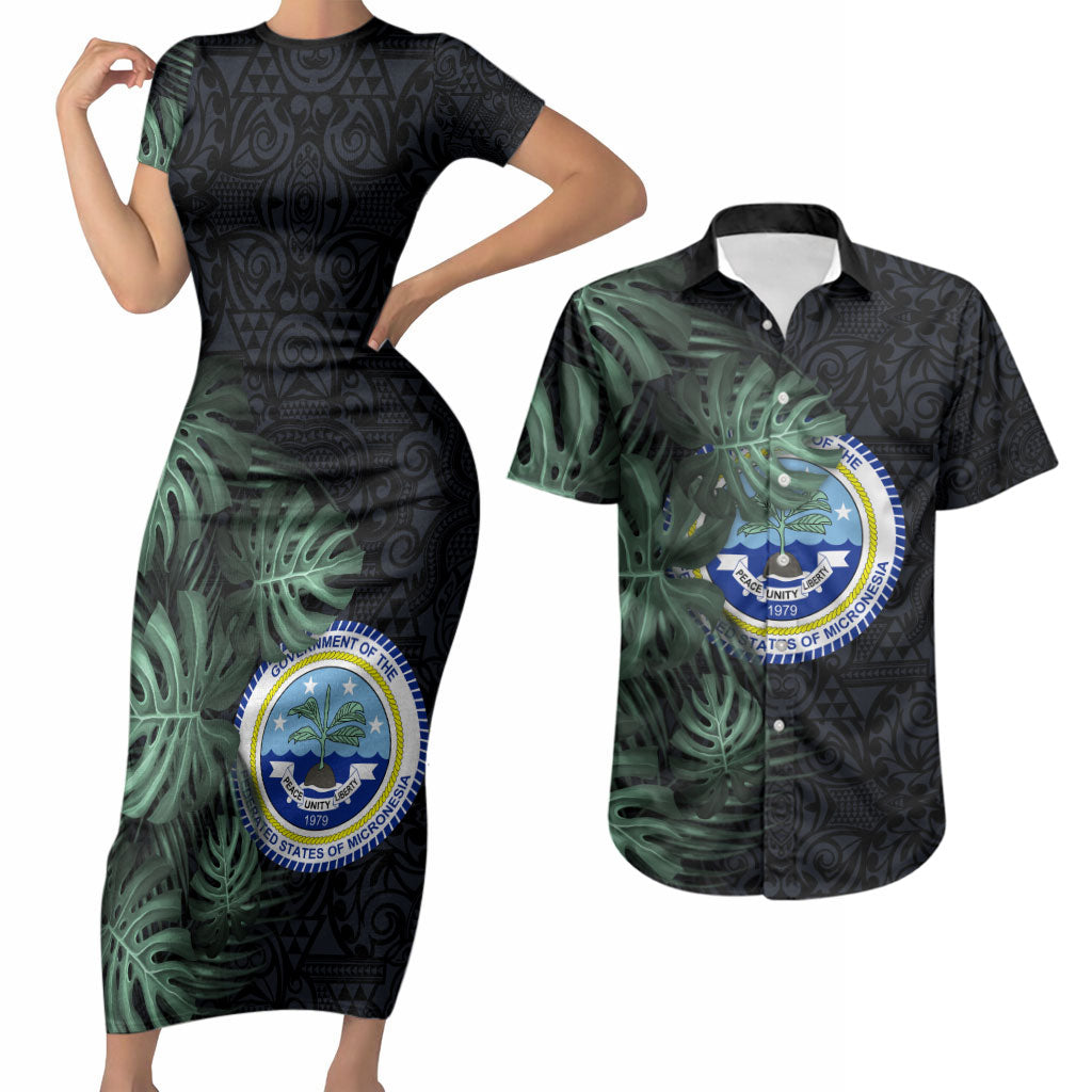 Federated States Of Micronesia Couples Matching Short Sleeve Bodycon Dress and Hawaiian Shirt FSM Tropical Monstera Leaf Dark Tribal Pattern