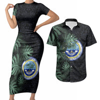 Federated States Of Micronesia Couples Matching Short Sleeve Bodycon Dress and Hawaiian Shirt FSM Tropical Monstera Leaf Dark Tribal Pattern