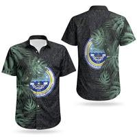 Federated States Of Micronesia Couples Matching Short Sleeve Bodycon Dress and Hawaiian Shirt FSM Tropical Monstera Leaf Dark Tribal Pattern
