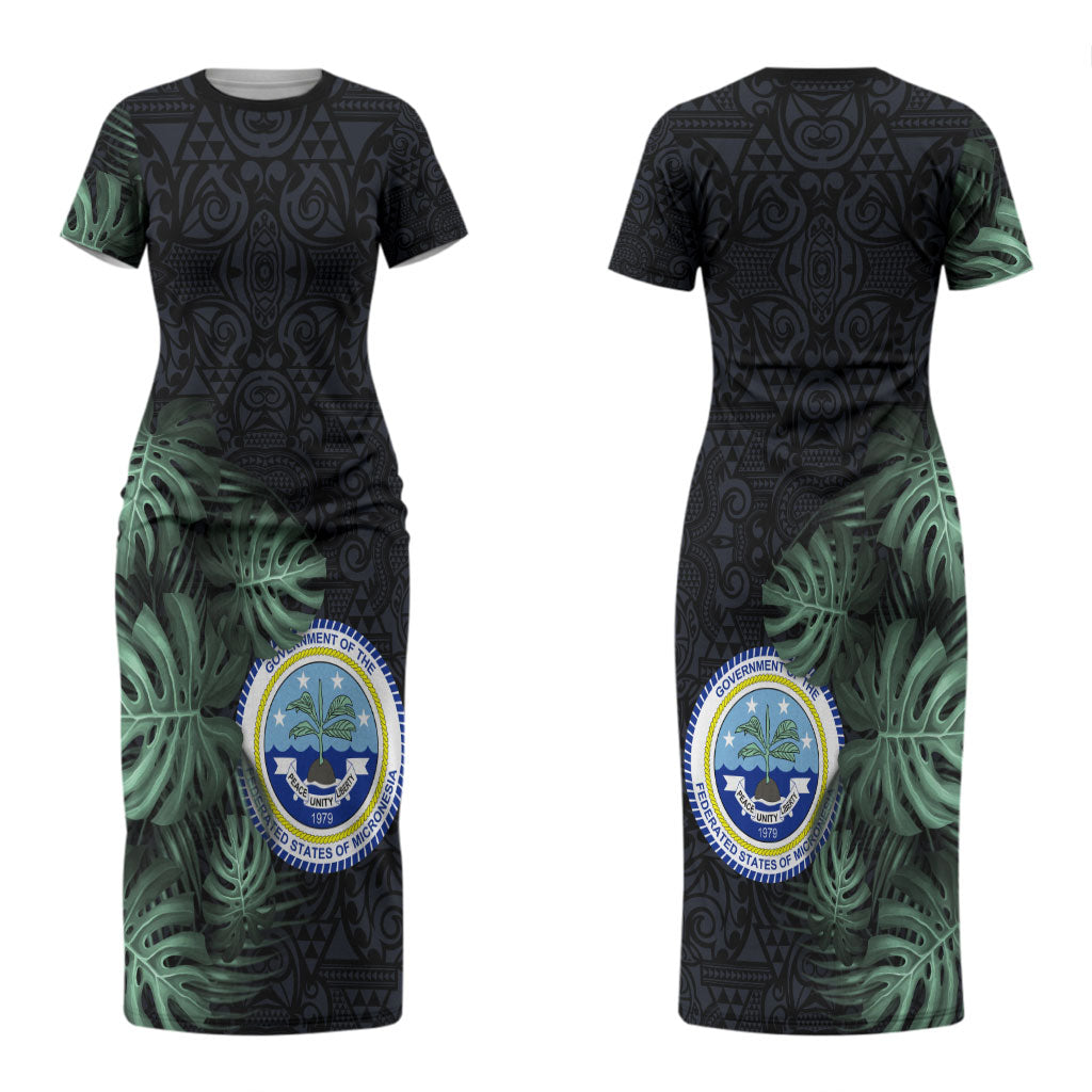 Federated States Of Micronesia Couples Matching Short Sleeve Bodycon Dress and Hawaiian Shirt FSM Tropical Monstera Leaf Dark Tribal Pattern
