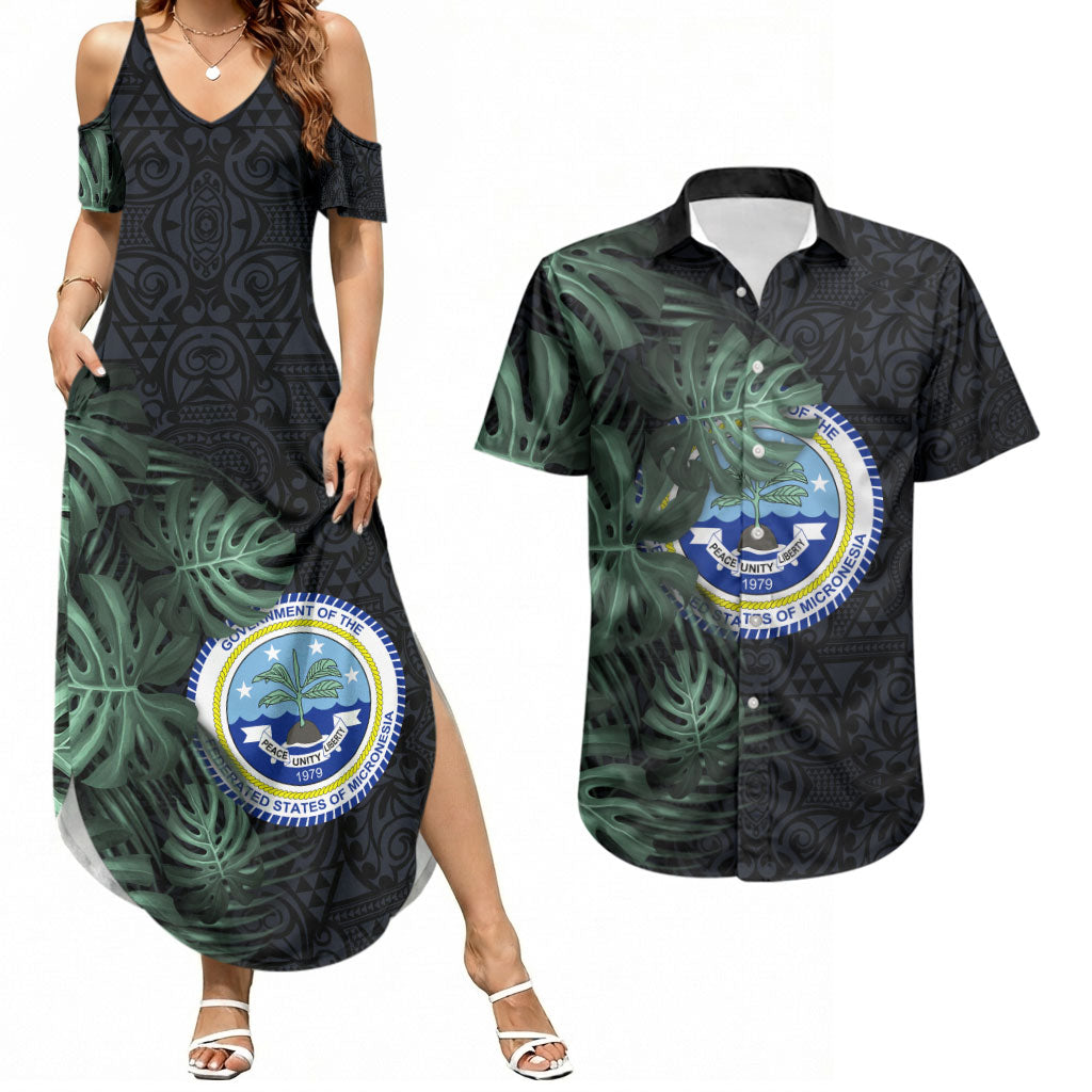 Federated States Of Micronesia Couples Matching Summer Maxi Dress and Hawaiian Shirt FSM Tropical Monstera Leaf Dark Tribal Pattern