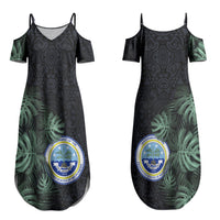 Federated States Of Micronesia Couples Matching Summer Maxi Dress and Hawaiian Shirt FSM Tropical Monstera Leaf Dark Tribal Pattern