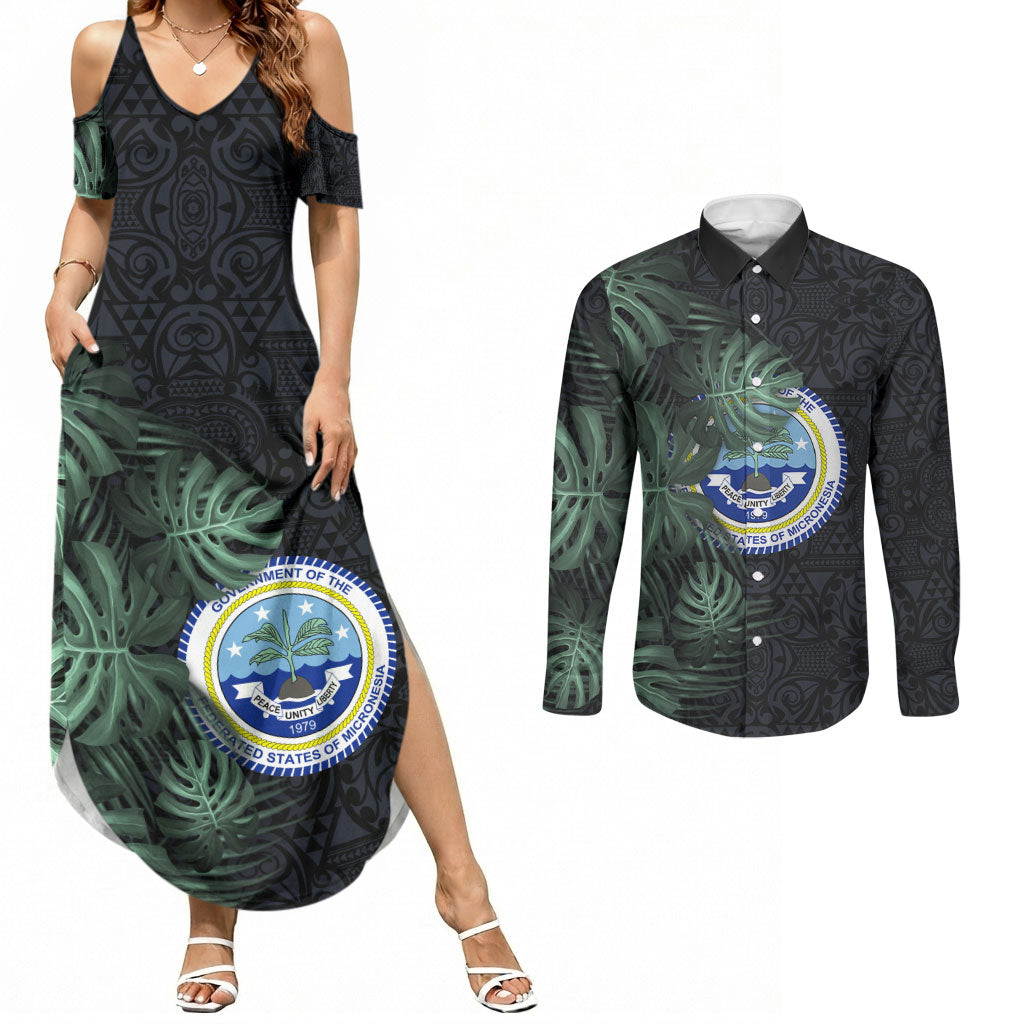 Federated States Of Micronesia Couples Matching Summer Maxi Dress and Long Sleeve Button Shirt FSM Tropical Monstera Leaf Dark Tribal Pattern