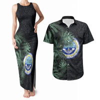 Federated States Of Micronesia Couples Matching Tank Maxi Dress and Hawaiian Shirt FSM Tropical Monstera Leaf Dark Tribal Pattern