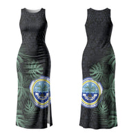 Federated States Of Micronesia Couples Matching Tank Maxi Dress and Long Sleeve Button Shirt FSM Tropical Monstera Leaf Dark Tribal Pattern