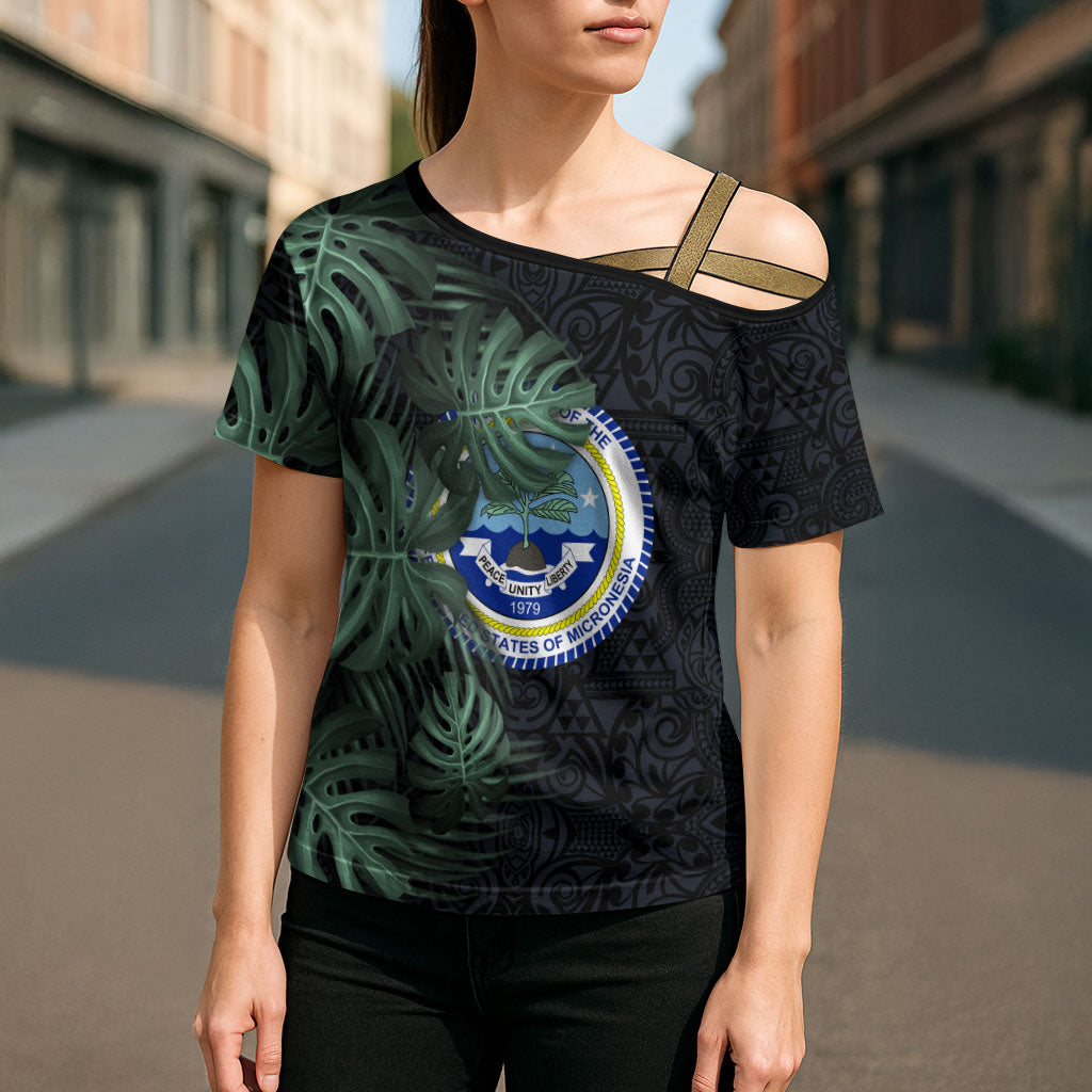Federated States Of Micronesia Cross Shoulder Shirt FSM Tropical Monstera Leaf Dark Tribal Pattern