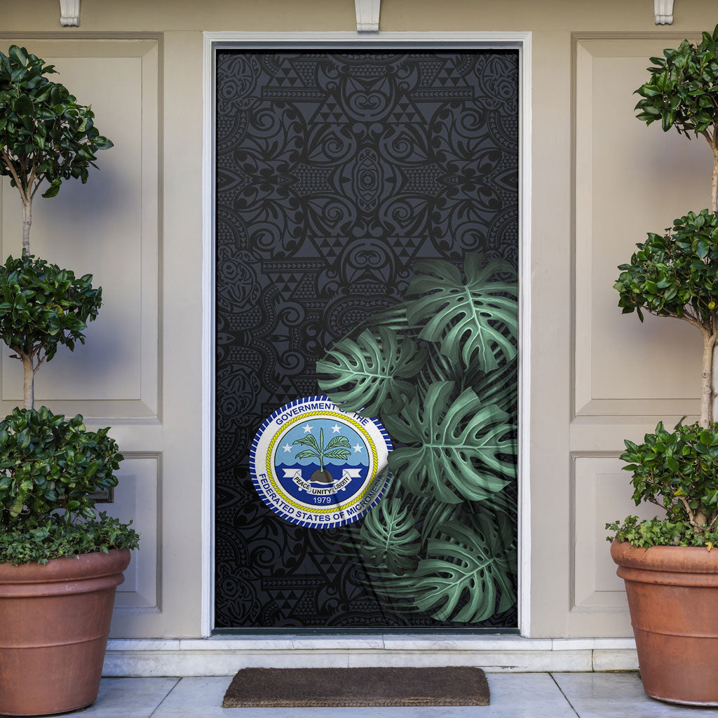 Federated States Of Micronesia Door Cover FSM Tropical Monstera Leaf Dark Tribal Pattern