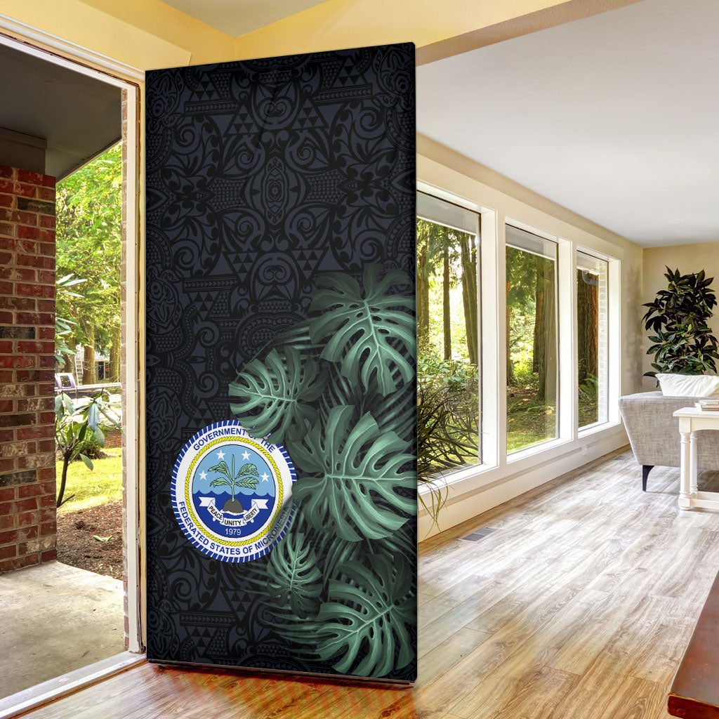 Federated States Of Micronesia Door Cover FSM Tropical Monstera Leaf Dark Tribal Pattern