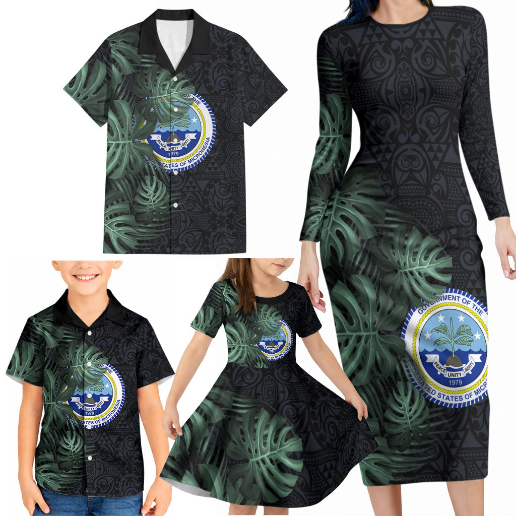 Federated States Of Micronesia Family Matching Long Sleeve Bodycon Dress and Hawaiian Shirt FSM Tropical Monstera Leaf Dark Tribal Pattern TS04 - Polynesian Pride