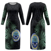 Federated States Of Micronesia Family Matching Long Sleeve Bodycon Dress and Hawaiian Shirt FSM Tropical Monstera Leaf Dark Tribal Pattern