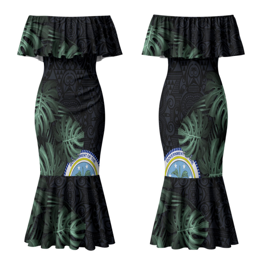 Federated States Of Micronesia Family Matching Mermaid Dress and Hawaiian Shirt FSM Tropical Monstera Leaf Dark Tribal Pattern