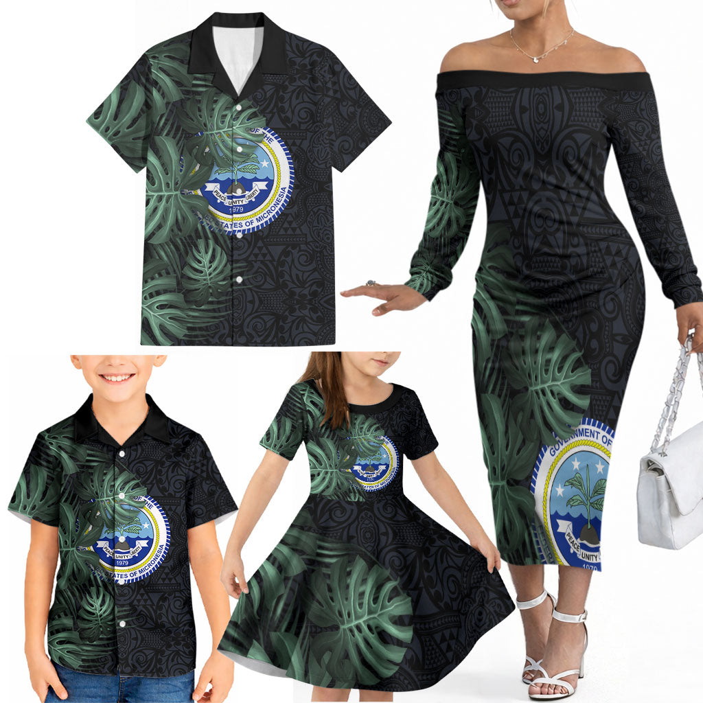 Federated States Of Micronesia Family Matching Off The Shoulder Long Sleeve Dress and Hawaiian Shirt FSM Tropical Monstera Leaf Dark Tribal Pattern