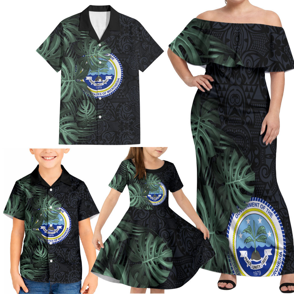 Federated States Of Micronesia Family Matching Off Shoulder Maxi Dress and Hawaiian Shirt FSM Tropical Monstera Leaf Dark Tribal Pattern