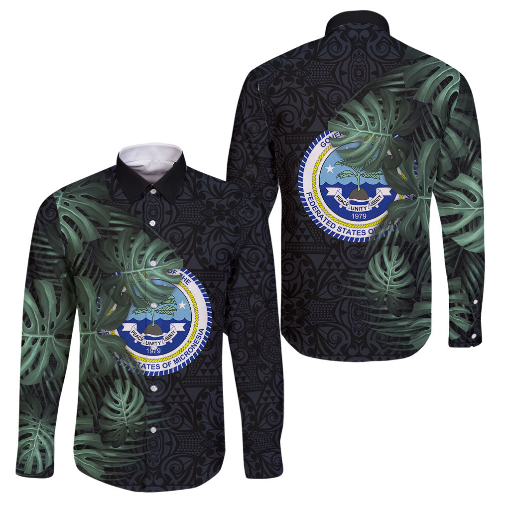 Federated States Of Micronesia Family Matching Off Shoulder Maxi Dress and Hawaiian Shirt FSM Tropical Monstera Leaf Dark Tribal Pattern