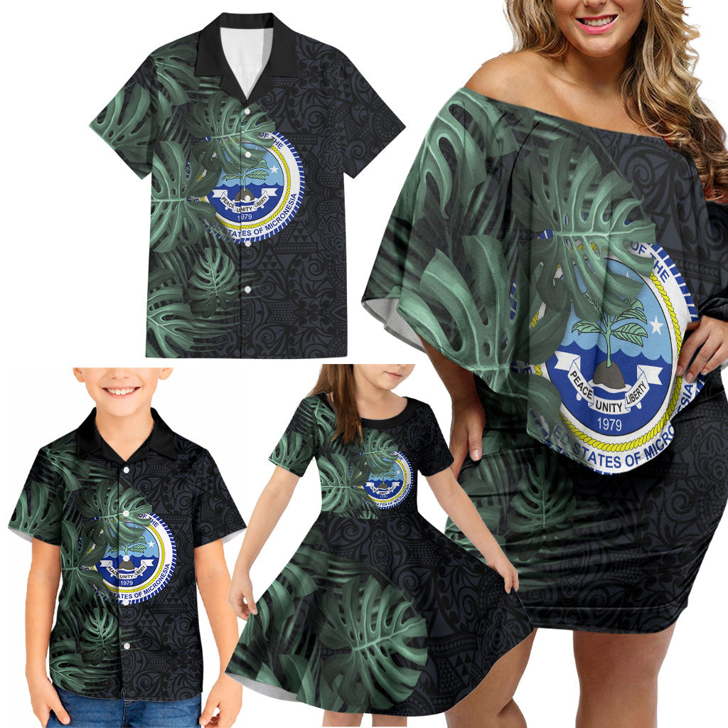 Federated States Of Micronesia Family Matching Off Shoulder Short Dress and Hawaiian Shirt FSM Tropical Monstera Leaf Dark Tribal Pattern