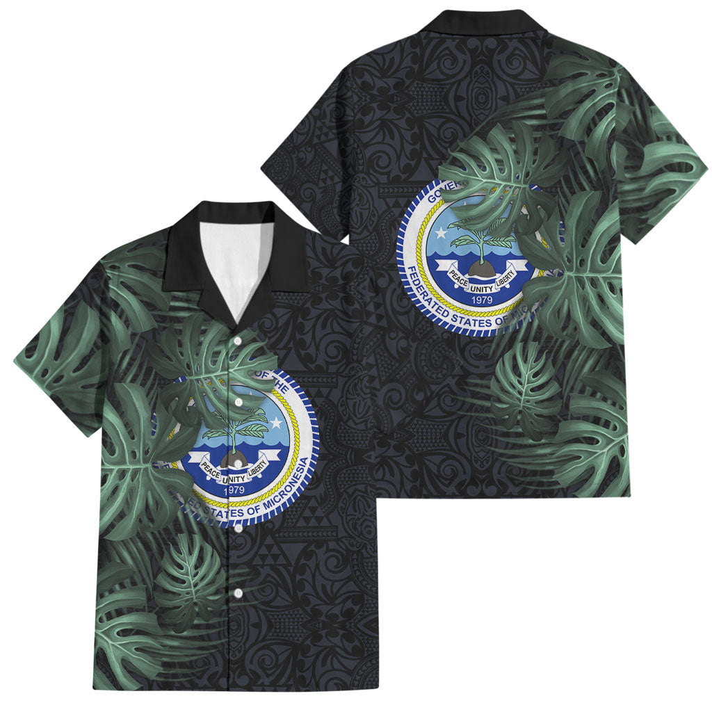 Federated States Of Micronesia Family Matching Off Shoulder Short Dress and Hawaiian Shirt FSM Tropical Monstera Leaf Dark Tribal Pattern