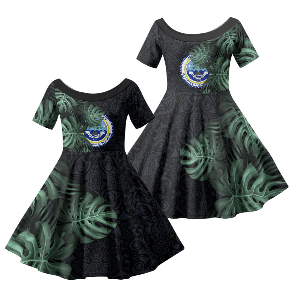 Federated States Of Micronesia Family Matching Off Shoulder Short Dress and Hawaiian Shirt FSM Tropical Monstera Leaf Dark Tribal Pattern