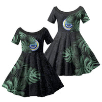 Federated States Of Micronesia Family Matching Off Shoulder Short Dress and Hawaiian Shirt FSM Tropical Monstera Leaf Dark Tribal Pattern