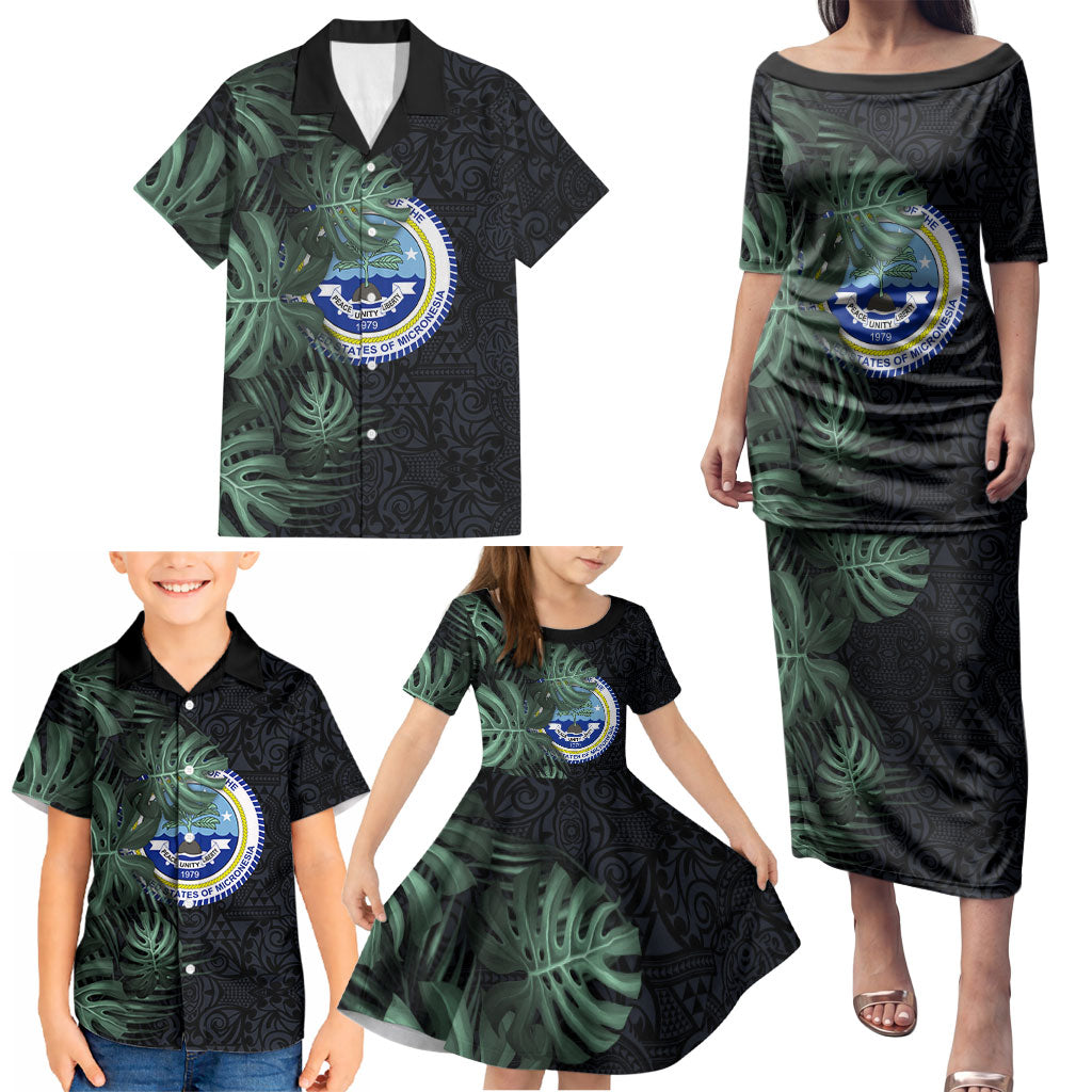 Federated States Of Micronesia Family Matching Puletasi and Hawaiian Shirt FSM Tropical Monstera Leaf Dark Tribal Pattern