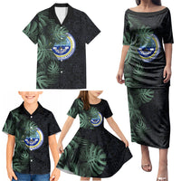 Federated States Of Micronesia Family Matching Puletasi and Hawaiian Shirt FSM Tropical Monstera Leaf Dark Tribal Pattern