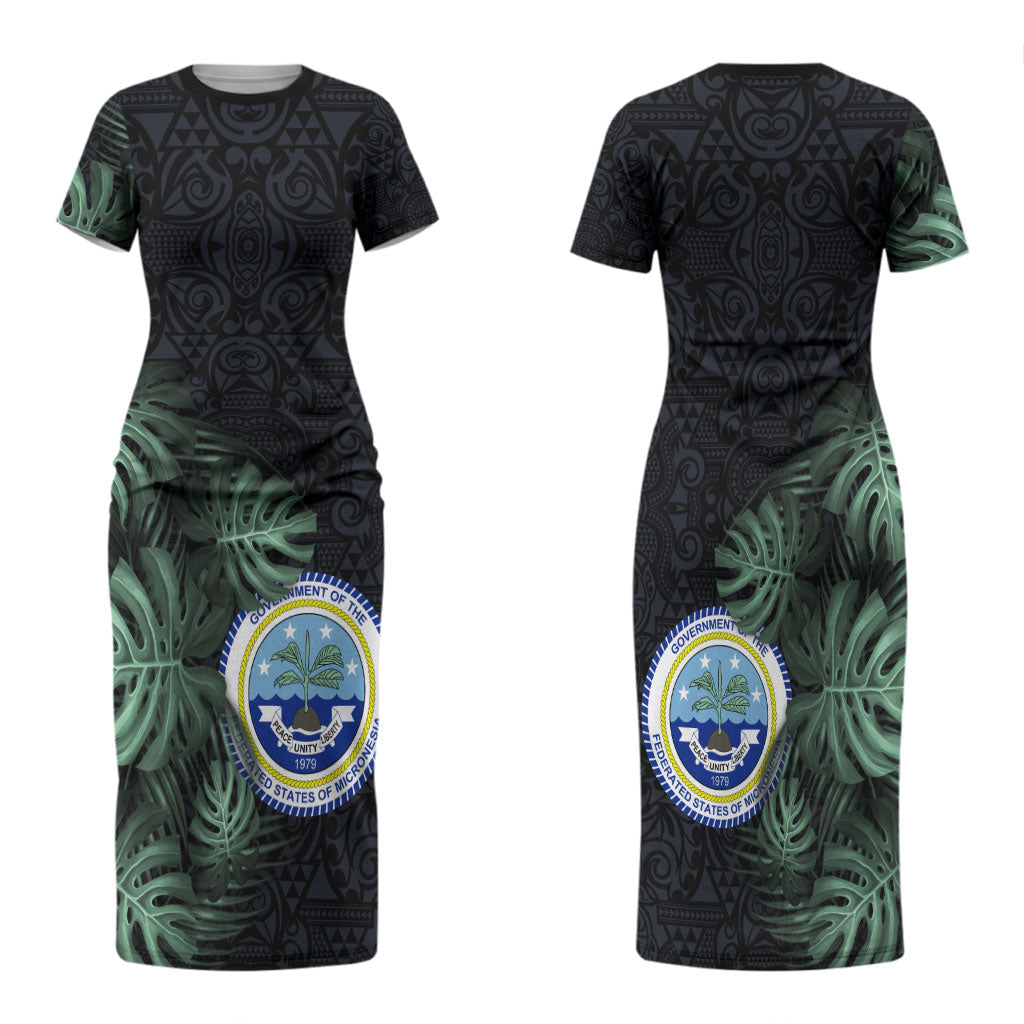 Federated States Of Micronesia Family Matching Short Sleeve Bodycon Dress and Hawaiian Shirt FSM Tropical Monstera Leaf Dark Tribal Pattern