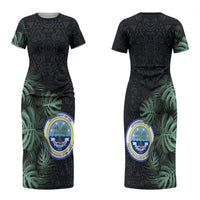 Federated States Of Micronesia Family Matching Short Sleeve Bodycon Dress and Hawaiian Shirt FSM Tropical Monstera Leaf Dark Tribal Pattern