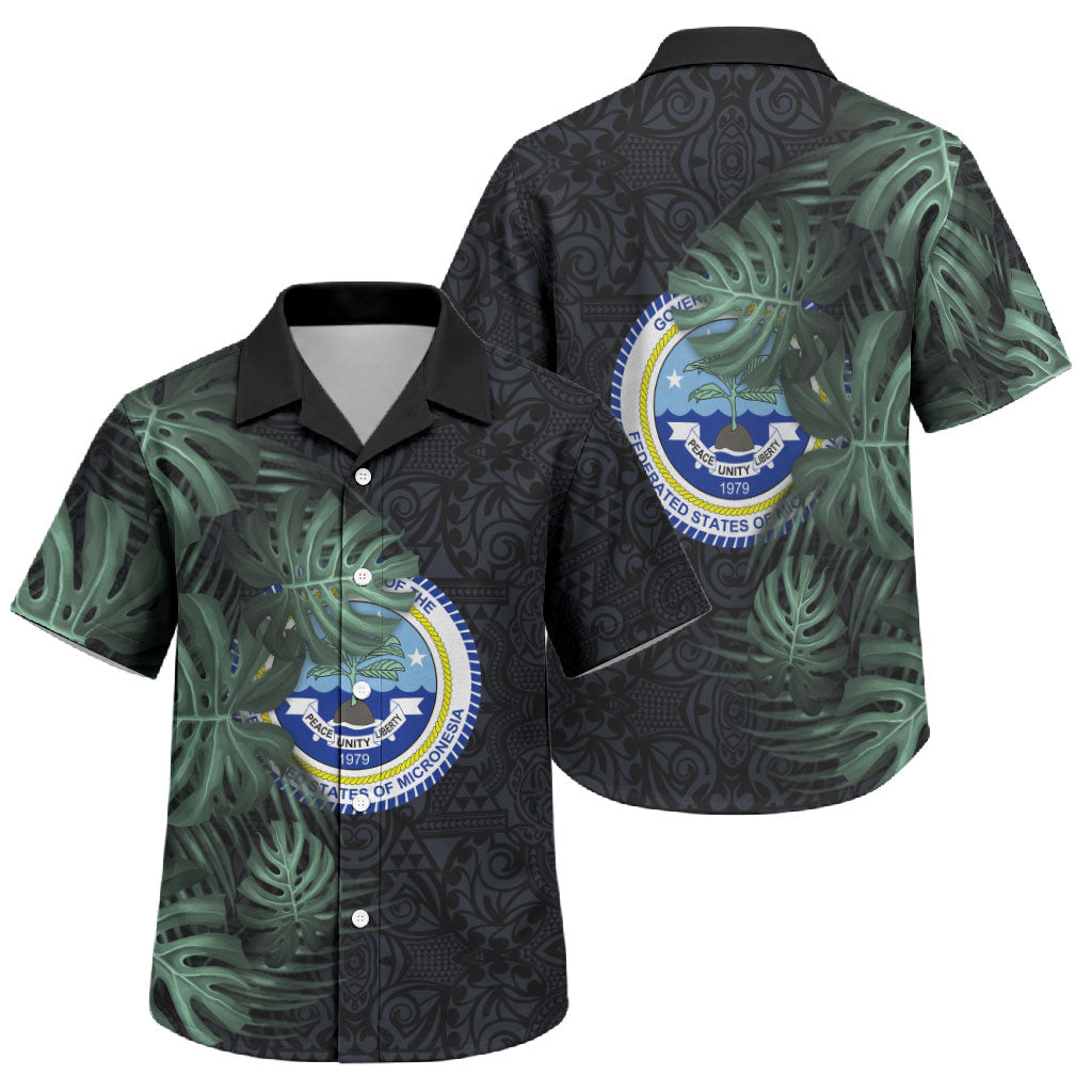 Federated States Of Micronesia Family Matching Short Sleeve Bodycon Dress and Hawaiian Shirt FSM Tropical Monstera Leaf Dark Tribal Pattern