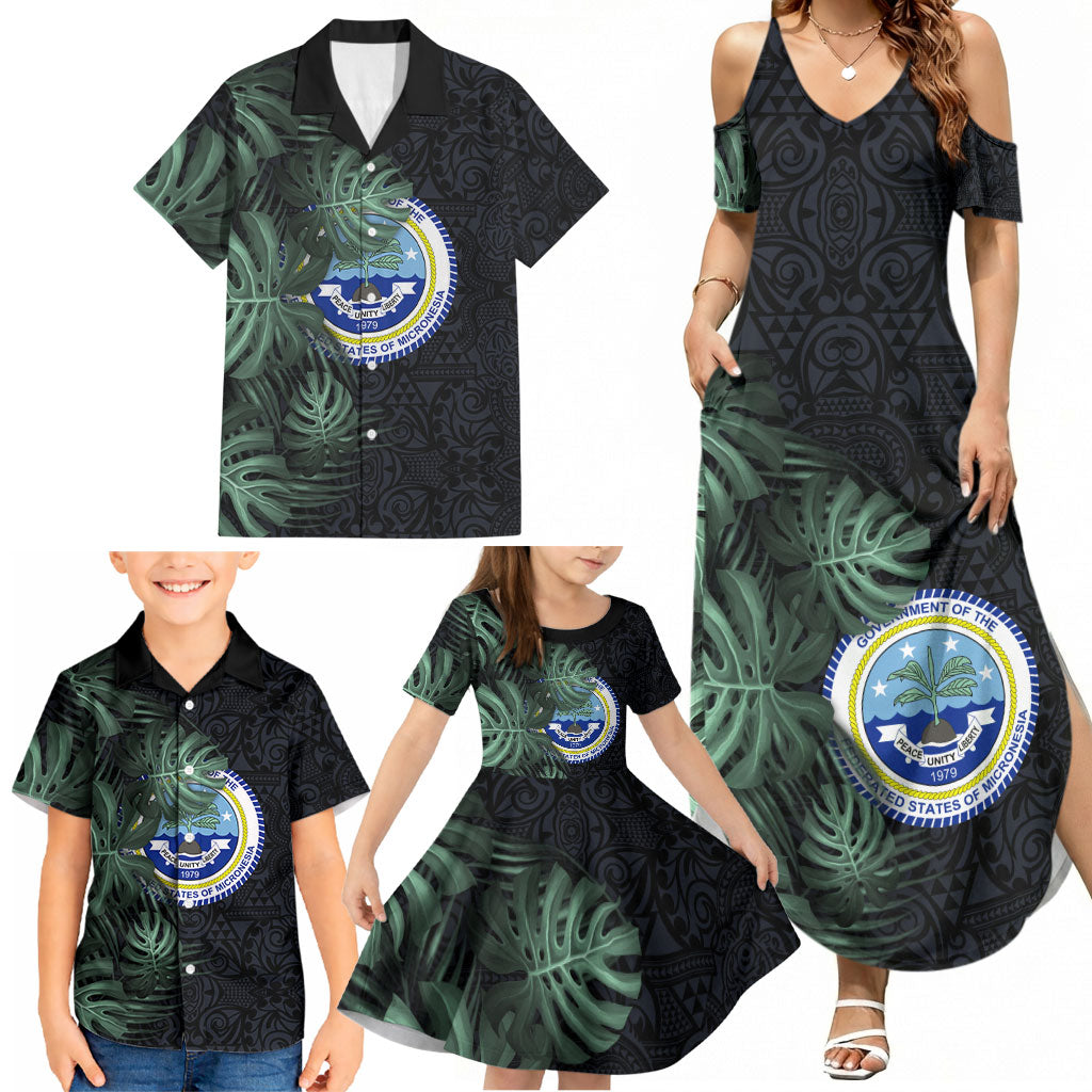 Federated States Of Micronesia Family Matching Summer Maxi Dress and Hawaiian Shirt FSM Tropical Monstera Leaf Dark Tribal Pattern