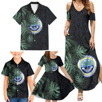 Federated States Of Micronesia Family Matching Summer Maxi Dress and Hawaiian Shirt FSM Tropical Monstera Leaf Dark Tribal Pattern