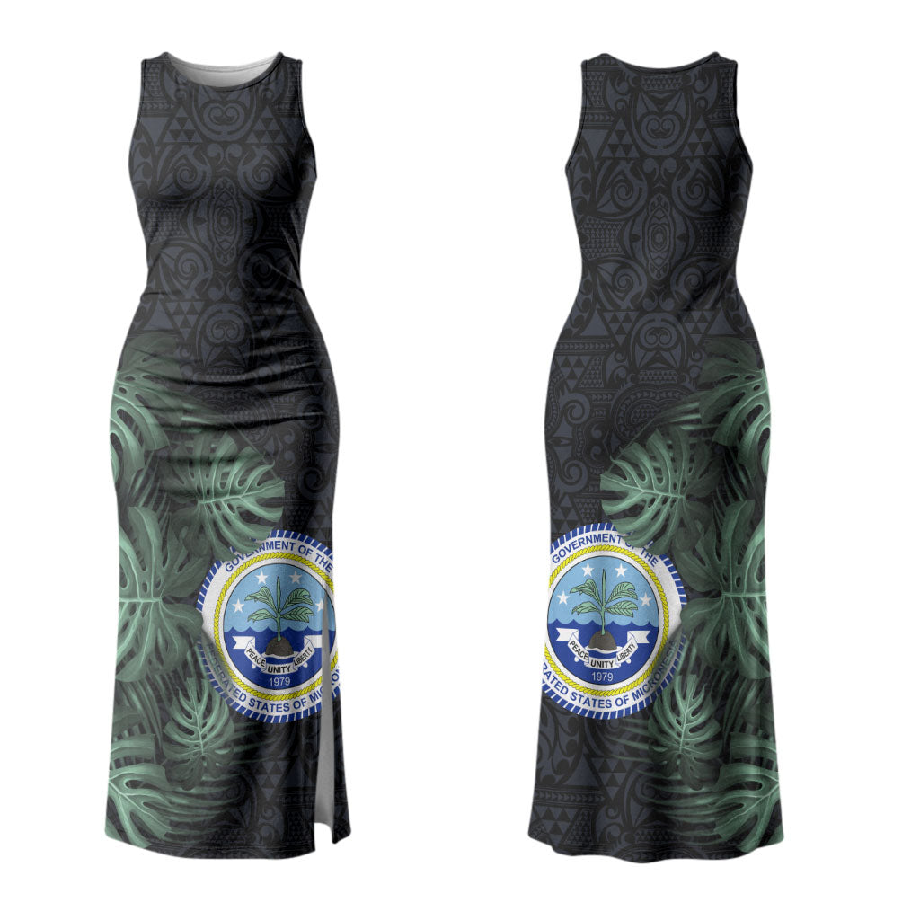 Federated States Of Micronesia Family Matching Tank Maxi Dress and Hawaiian Shirt FSM Tropical Monstera Leaf Dark Tribal Pattern