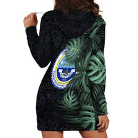 Federated States Of Micronesia Hoodie Dress FSM Tropical Monstera Leaf Dark Tribal Pattern