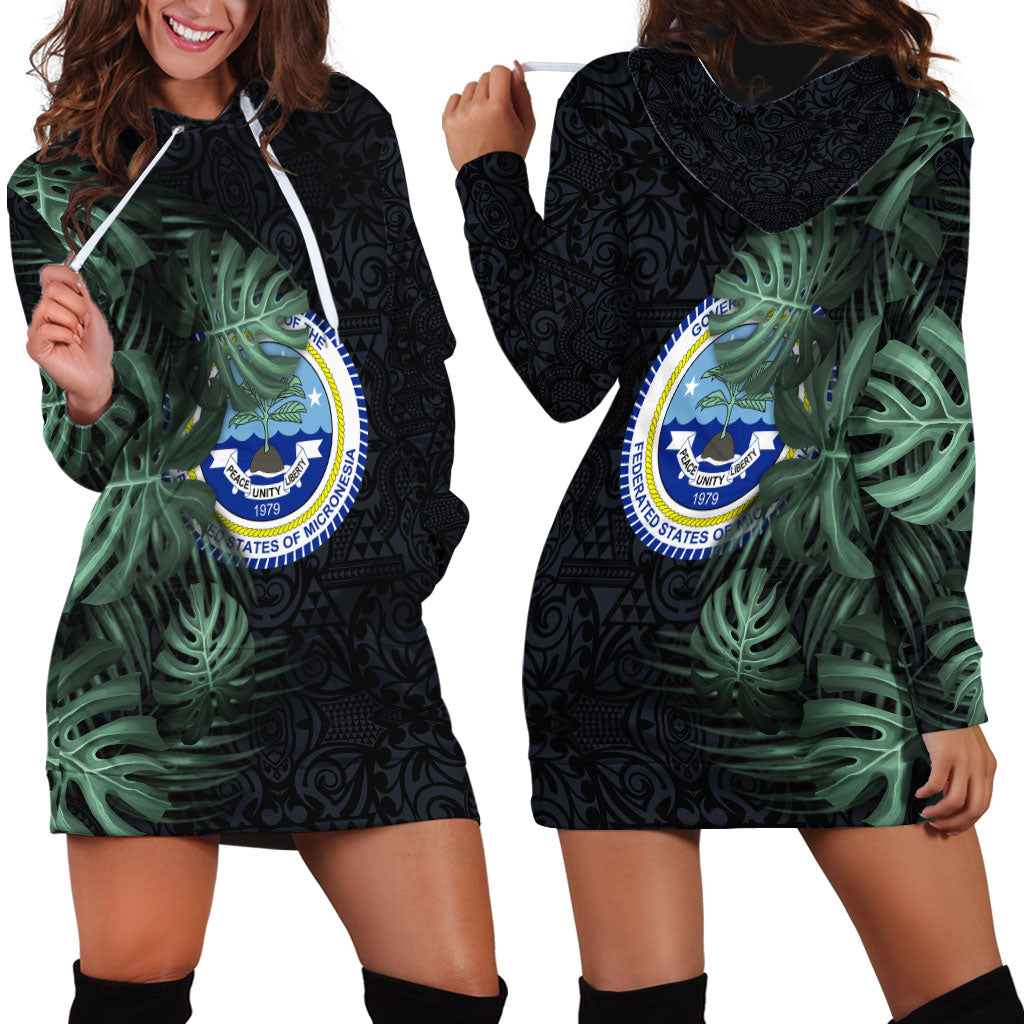 Federated States Of Micronesia Hoodie Dress FSM Tropical Monstera Leaf Dark Tribal Pattern