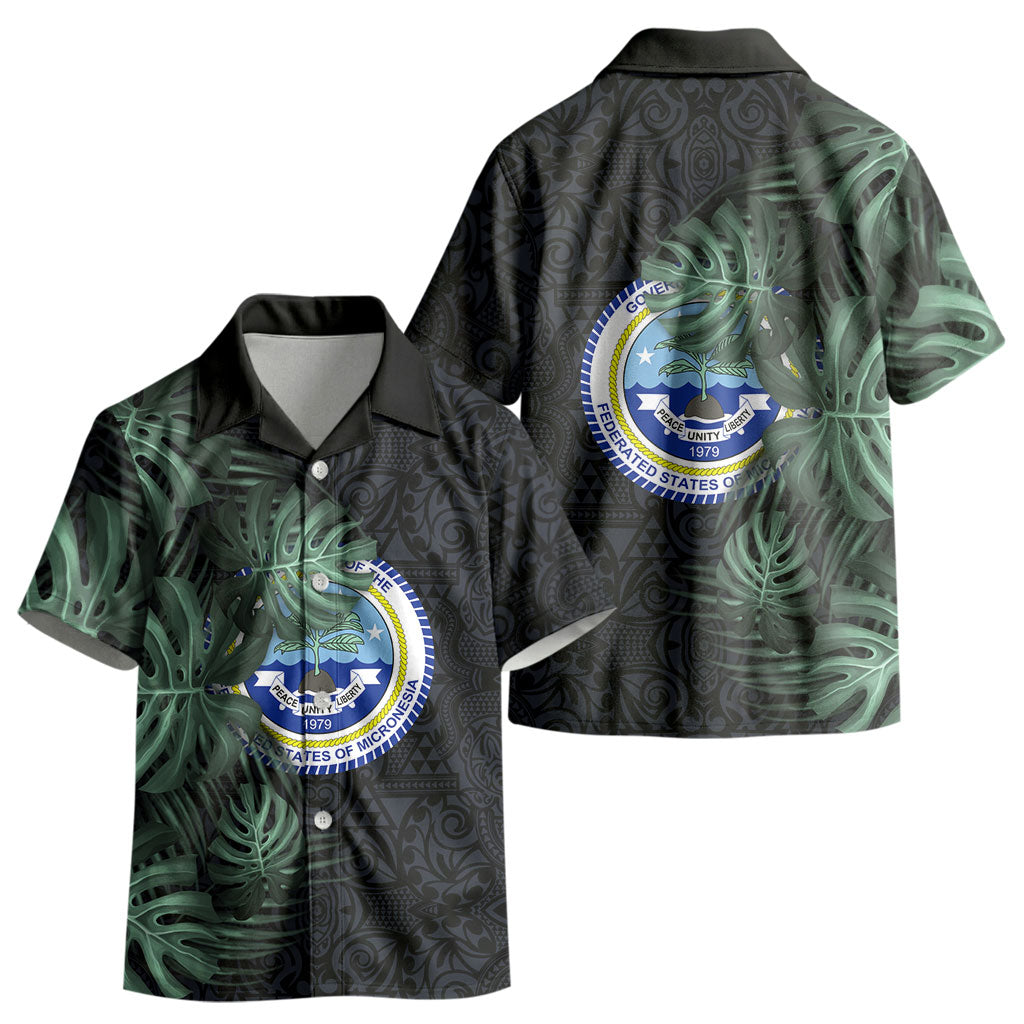 Federated States Of Micronesia Kid Hawaiian Shirt FSM Tropical Monstera Leaf Dark Tribal Pattern