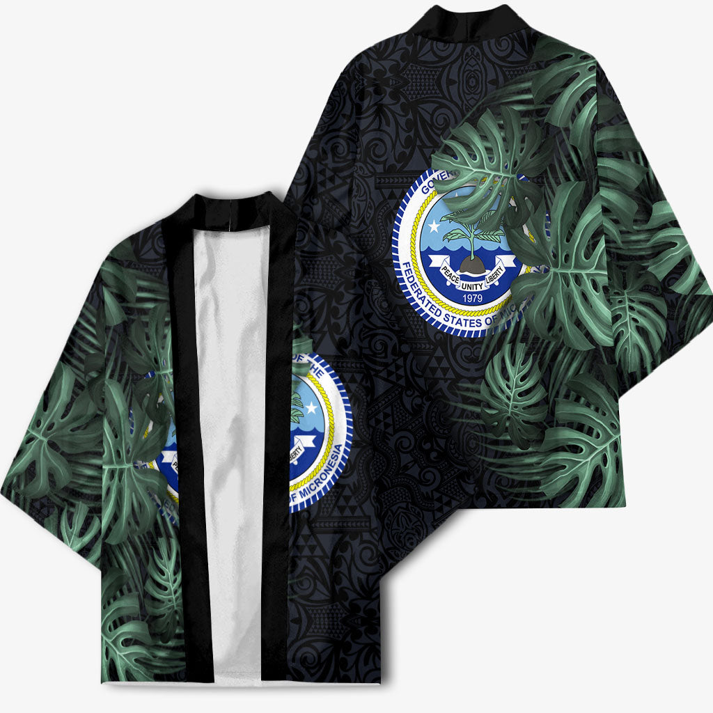 Federated States Of Micronesia Kimono FSM Tropical Monstera Leaf Dark Tribal Pattern