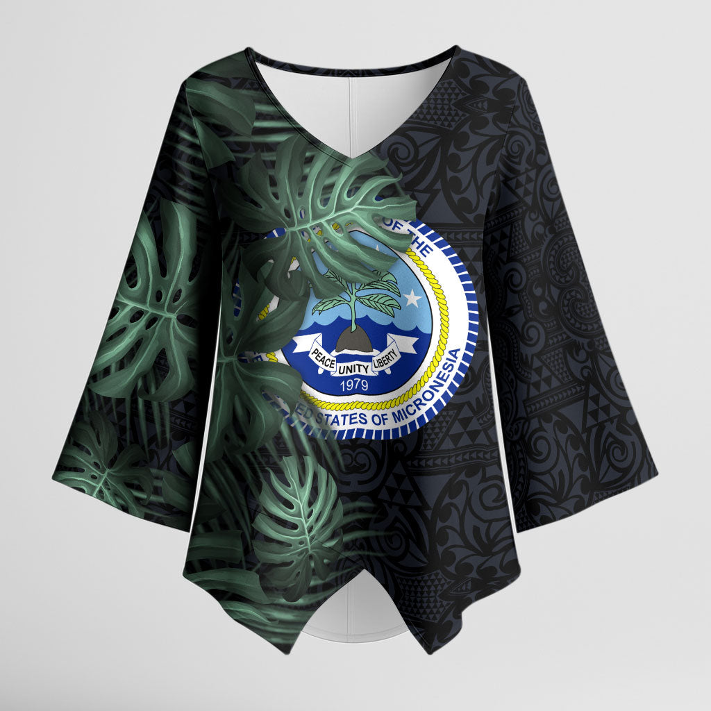 Federated States Of Micronesia Kimono Sleeve Blouse FSM Tropical Monstera Leaf Dark Tribal Pattern