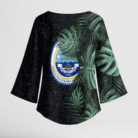 Federated States Of Micronesia Kimono Sleeve Blouse FSM Tropical Monstera Leaf Dark Tribal Pattern