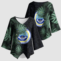 Federated States Of Micronesia Kimono Sleeve Blouse FSM Tropical Monstera Leaf Dark Tribal Pattern