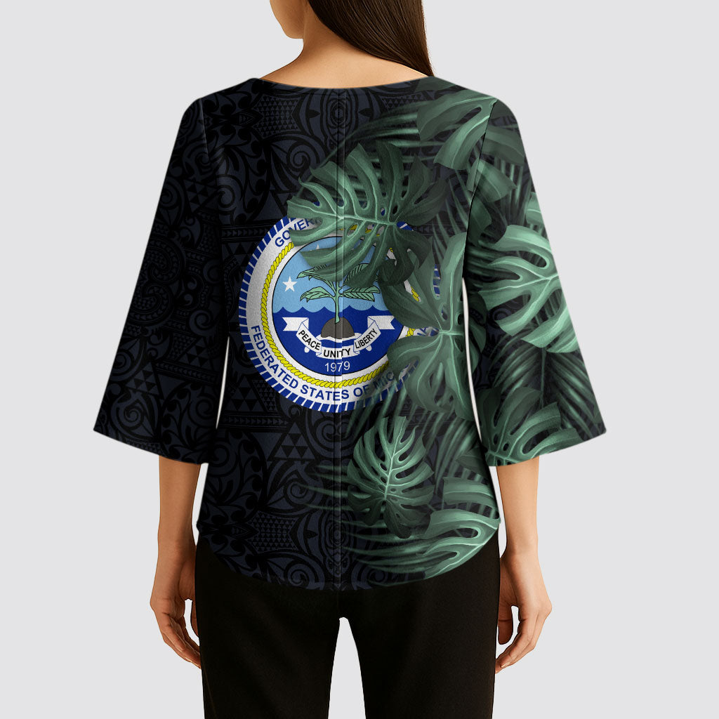 Federated States Of Micronesia Kimono Sleeve Blouse FSM Tropical Monstera Leaf Dark Tribal Pattern